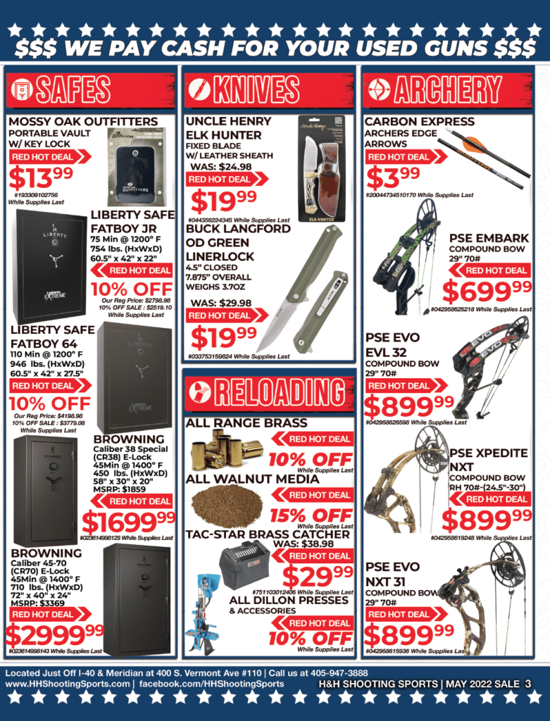 A Sales Flyer for H&H Shooting Sports, Advertising a Sale on Safes, Knives, and Reloading Equipment