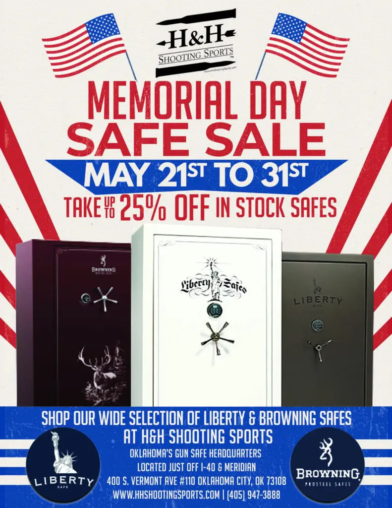 Advertisement for a Memorial Day Safe Sale at H&H Shooting Sports 