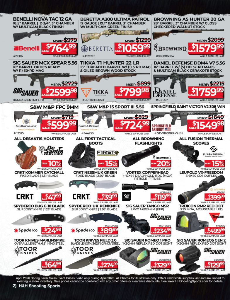 H&H Shooting Sports April 2026 Sales Flyer - Shotgus, Knives, Optics Deals Oklahoma City