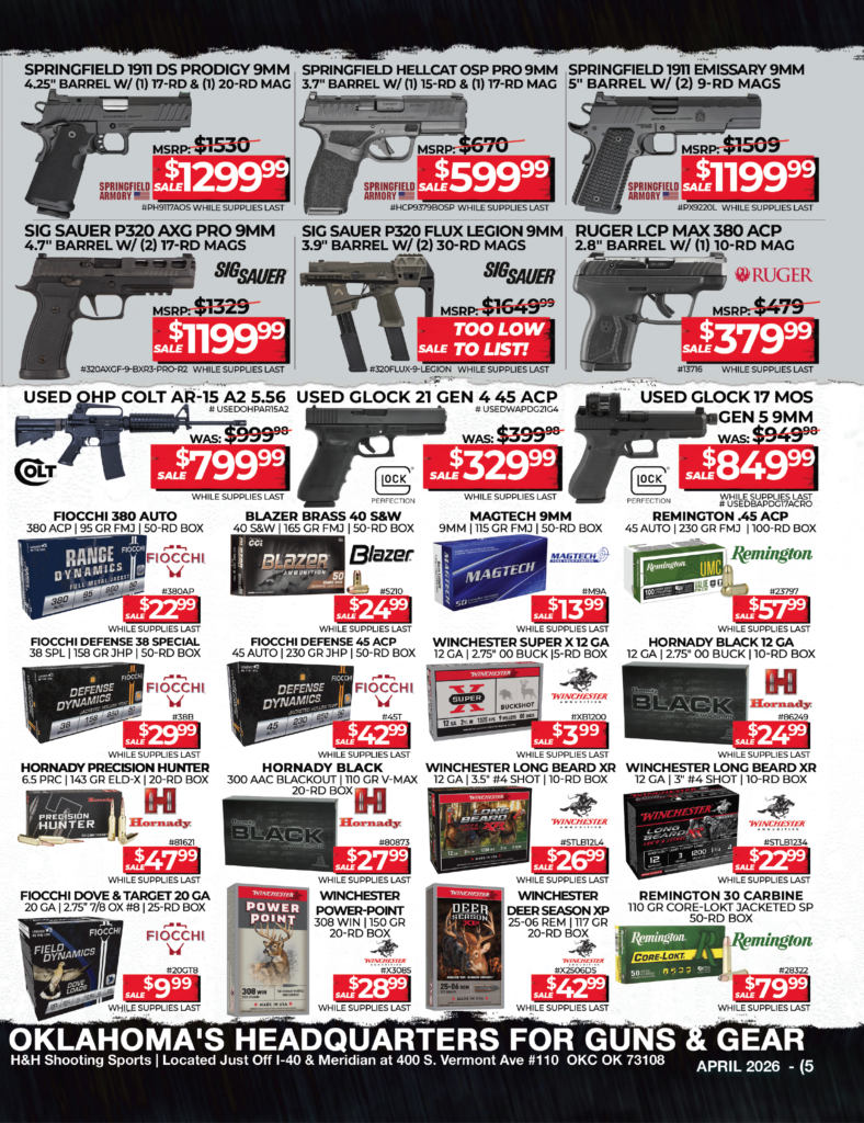 H&H Shooting Sports April 2026 Sales Flyer - Handgun and Ammo Deals Oklahoma City