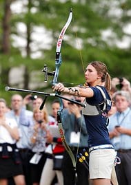 Jennifer Nichols during an archery demonstration in Dallas on Sunday.