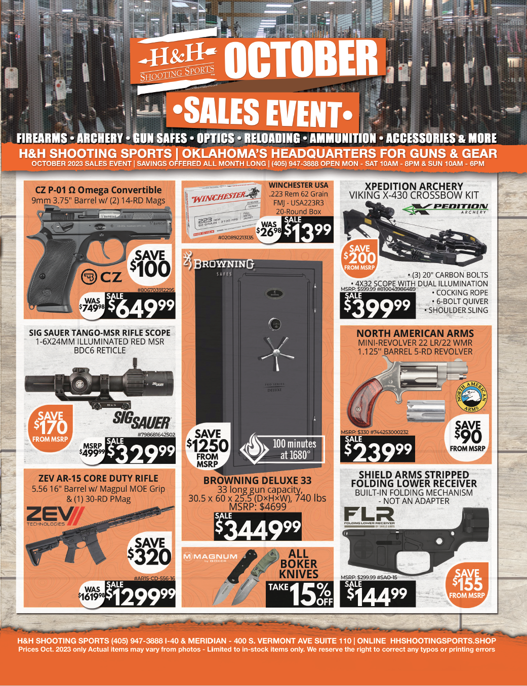 Retail sales flyer for H&H Shooting Sports in Oklahoma City, valid from October 1st 2023 to October 31st 2023