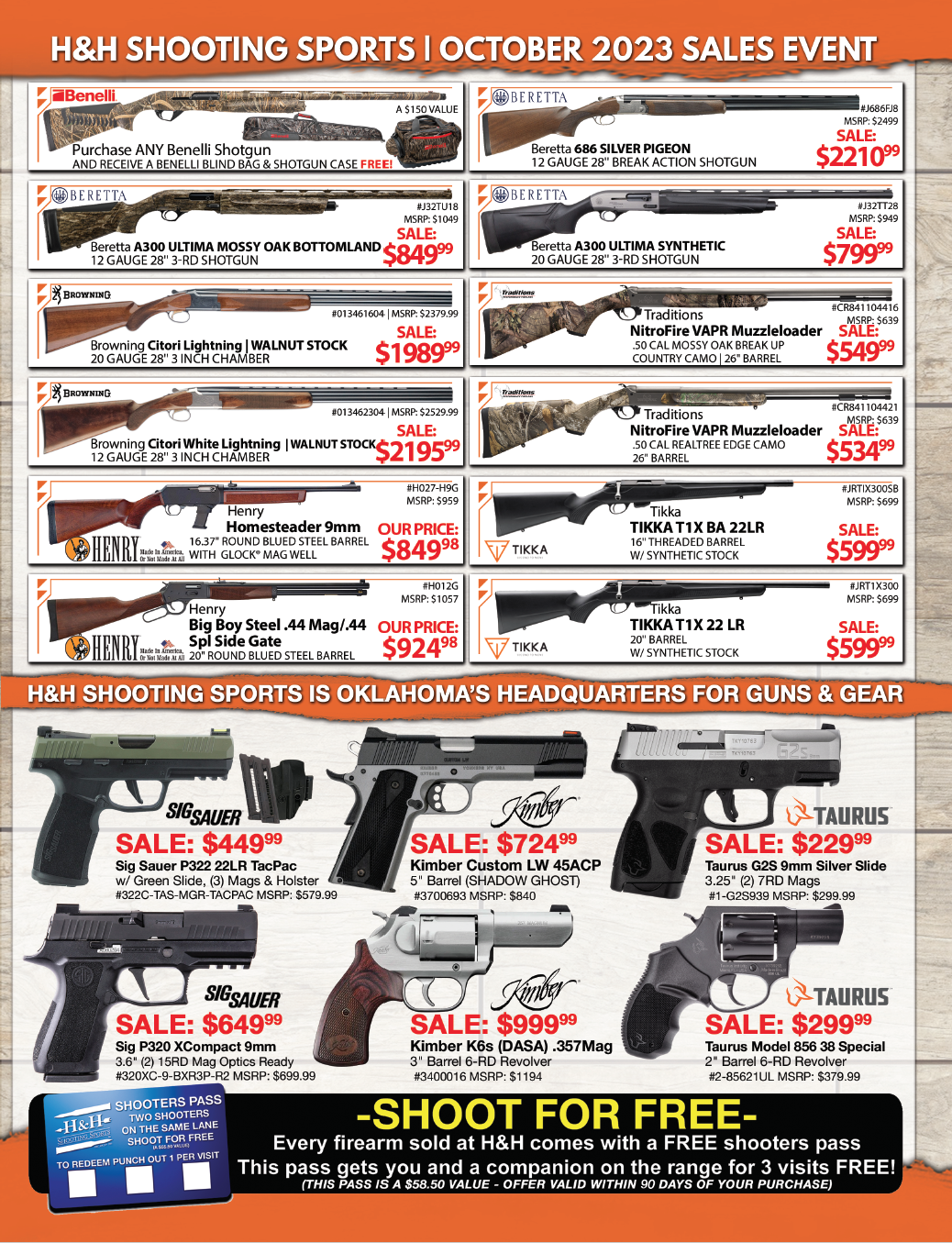 Retail sales flyer for H&H Shooting Sports in Oklahoma City, valid from October 1st 2023 to October 31st 2023